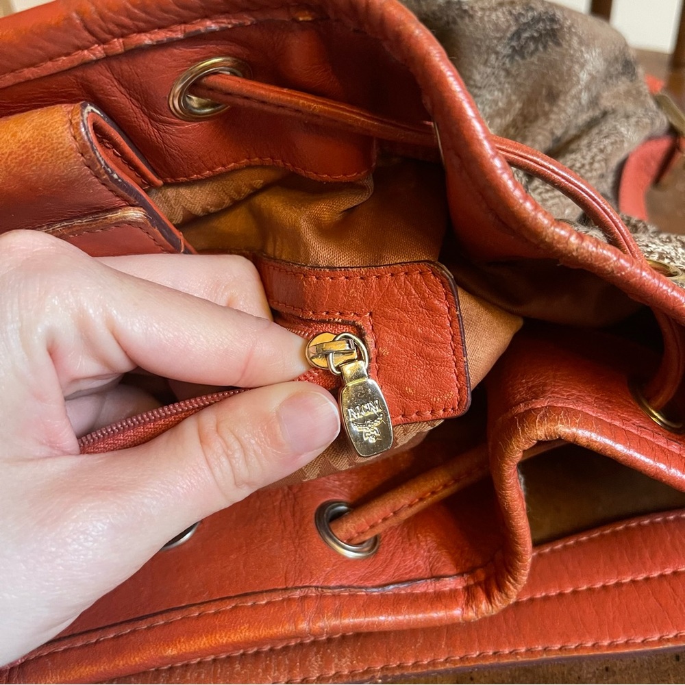 MCM Visetos Jacquard Bucket Bag Drawstring Crossbody Shoulder Brown Orange - Picture 9 of 16